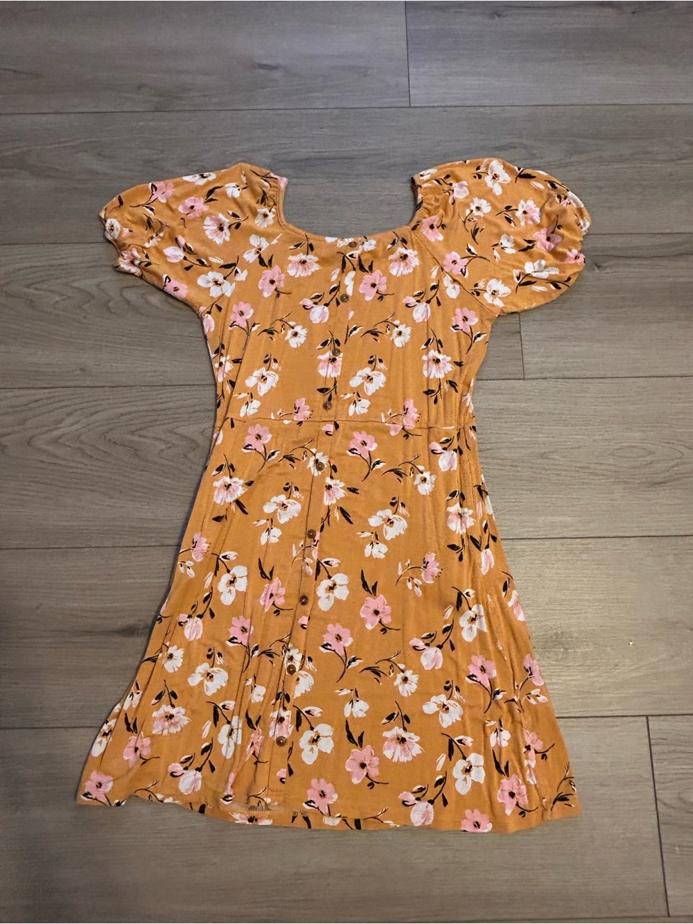 Nomad Mustard Floral Puff Sleeve Dress with Pink & White Blossoms